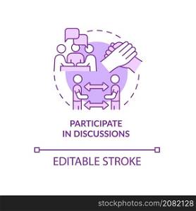 Participate in discussions purple concept icon. Face-to-face interactions abstract idea thin line illustration. Isolated outline drawing. Editable stroke. Roboto-Medium, Myriad Pro-Bold fonts used. Participate in discussions purple concept icon