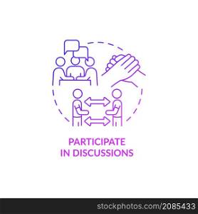 Participate in discussions purple gradient concept icon. Sharing personal experiences abstract idea thin line illustration. Isolated outline drawing. Roboto-Medium, Myriad Pro-Bold fonts used. Participate in discussions purple gradient concept icon