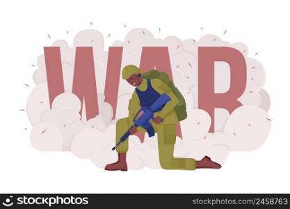Participate in hostilities 2D vector isolated illustration. Military man with firearm flat character on cartoon background. Colourful scene for mobile, website, presentation. Bebas Neue font used. Participate in hostilities 2D vector isolated illustration
