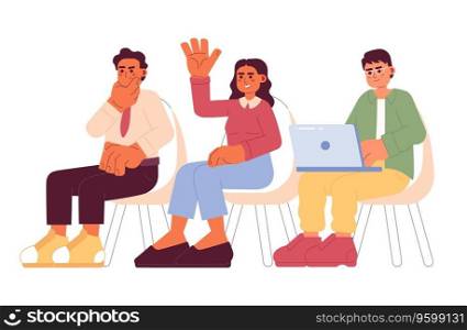 Participating in seminar cartoon flat illustration. Diverse people lecture participants 2D characters isolated on white background. Class training course, diversity scene vector color image. Participating in seminar cartoon flat illustration