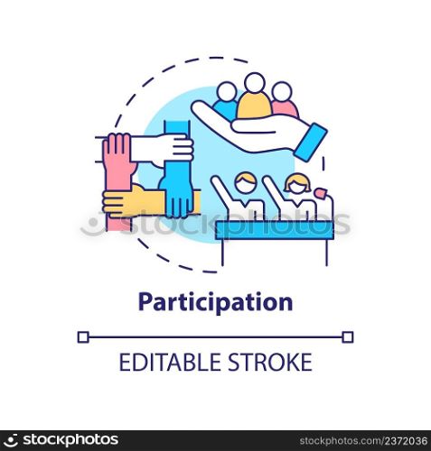 Participation concept icon. Commitment and engagement. Social planning organizes abstract idea thin line illustration. Isolated outline drawing. Editable stroke. Arial, Myriad Pro-Bold fonts used. Participation concept icon