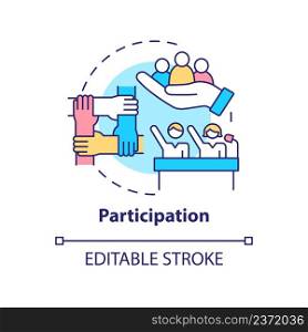 Participation concept icon. Commitment and engagement. Social planning organizes abstract idea thin line illustration. Isolated outline drawing. Editable stroke. Arial, Myriad Pro-Bold fonts used. Participation concept icon