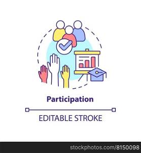 Participation concept icon. Learning process engagement. Principle of learning abstract idea thin line illustration. Isolated outline drawing. Editable stroke. Arial, Myriad Pro-Bold fonts used. Participation concept icon
