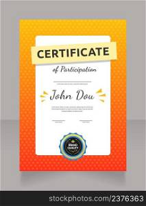 Participation in conference certificate design template. Vector diploma with customized copyspace and borders. Printable document for awards and recognition. Dancing Script Bold, Regular fonts used. Participation in conference certificate design template