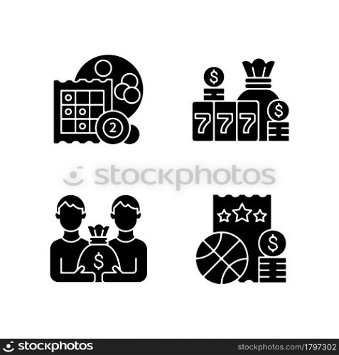 Participation in lottery black glyph icons set on white space. Bingo game. Winning large cash reward. Pari mutuel prize. Sports betting. Silhouette symbols. Vector isolated illustration. Participation in lottery black glyph icons set on white space