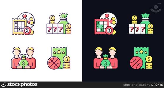 Participation in lottery light and dark theme RGB color icons set. Bingo game. Winning large cash reward. Isolated vector illustrations on white and black space. Simple filled line drawings pack. Participation in lottery light and dark theme RGB color icons set