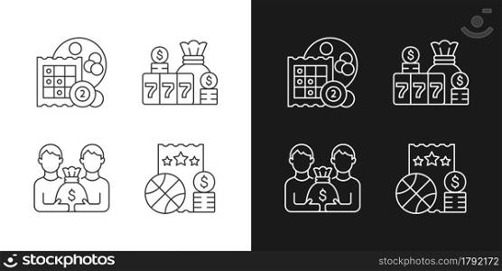 Participation in lottery linear icons set for dark and light mode. Bingo game. Winning large cash reward. Customizable thin line symbols. Isolated vector outline illustrations. Editable stroke. Participation in lottery linear icons set for dark and light mode