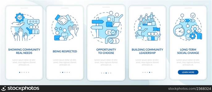 Participation reasons blue onboarding mobile app screen. Social planning walkthrough 5 steps graphic instructions pages with linear concepts. UI, UX, GUI template. Myriad Pro-Bold, Regular fonts used. Participation reasons blue onboarding mobile app screen