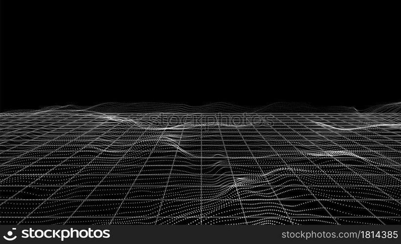 Particles landscape. White dots, perspective grid tech framework. Digital banner, sound waves or wavy surface vector background. Grid pattern geometric wireframe, textured futuristic illustration. Particles landscape. White dots, perspective grid tech framework. Digital banner, sound waves or wavy surface vector background
