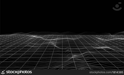 Particles landscape. White dots, perspective grid tech framework. Digital banner, sound waves or wavy surface vector background. Grid pattern geometric wireframe, textured futuristic illustration. Particles landscape. White dots, perspective grid tech framework. Digital banner, sound waves or wavy surface vector background