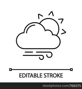 Partly cloudy and windy linear icon. Sun with clouds and rain. Thin line illustration. Mostly cloudy. Weather forecast. Contour symbol. Vector isolated outline drawing. Editable stroke. Partly cloudy and windy linear icon