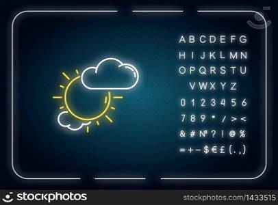 Partly cloudy neon light icon. Outer glowing effect. Daytime weather forecast, meteorology sign with alphabet, numbers and symbols. Shiny sun with clouds vector isolated RGB color illustration. Partly cloudy neon light icon