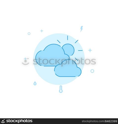 Partly cloudy weather forecast vector icon. Flat illustration. Filled line style. Blue monochrome design.. Partly cloudy weather forecast flat vector icon. Filled line style. Blue monochrome design.