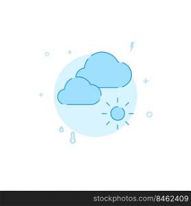 Partly cloudy weather forecast vector icon. Flat illustration. Filled line style. Blue monochrome design.. Partly cloudy weather forecast flat vector icon. Filled line style. Blue monochrome design.