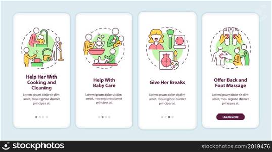 Partner care during pregnancy onboarding mobile app page screen. Help with chores walkthrough 4 steps graphic instructions with concepts. UI, UX, GUI vector template with linear color illustrations. Partner care during pregnancy onboarding mobile app page screen