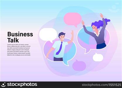 partner chat with buble chat. businesswoman and businessman in speech bubble, smiling female and male,flat vector illustration.