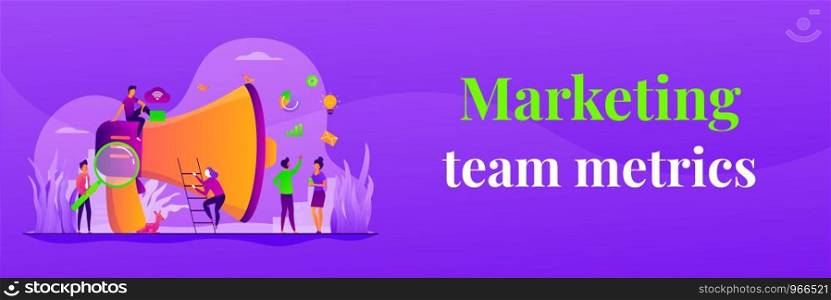 Partners cooperation. Colleagues coworking. Digital marketing team, success metrics, marketing team lead, team responsibilities concept. Header or footer banner template with copy space.. Marketing team web banner concept