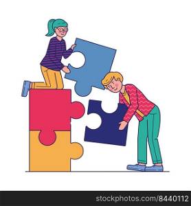 Partners doing jigsaw puzzle flat vector illustration. People working together. Metaphor of teamwork and business cooperation. Partnership, communication and collaboration concept