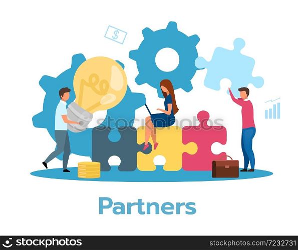 Partners flat vector illustration. Partnership concept. Cooperation, communication. Teamwork metaphor. Team brainstorming, searching idea, solution. Business model. Isolated cartoon character on white. Partners flat vector illustration