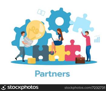 Partners flat vector illustration. Partnership concept. Cooperation, communication. Teamwork metaphor. Team brainstorming, searching idea, solution. Business model. Isolated cartoon character on white. Partners flat vector illustration
