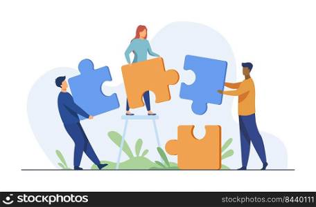Partners holding big jigsaw puzzle pieces flat vector illustration. Successful partnership, communication and collaboration metaphor. Teamwork and business cooperation concept.