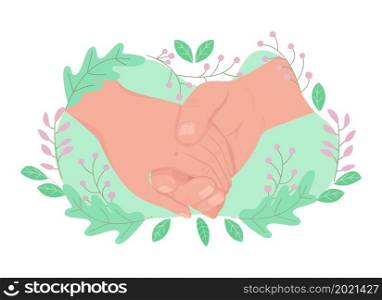 Partners holding hands 2D vector isolated illustration. Lovers gesture. Romantic relationship flat first view hand on cartoon background. Relations with significant other colourful scene. Partners holding hands 2D vector isolated illustration
