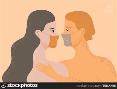 Partners in love concept vector. Woman and man are flirting and wearing medical mask for coronavirus prevention. Happy marriage, husband and wife illustration. Valentin greeting for couple of people.. Partners in love concept vector. Woman and man are flirting and wearing medical mask for coronavirus prevention. Happy marriage, husband and wife illustration. Valentin greeting for couple