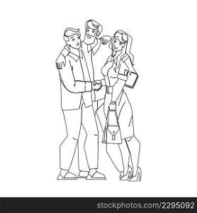 Partners Man And Girl Embracing Together Black Line Pencil Drawing Vector. Businessman And Businesswoman Partners Hugging After Deal Or Successful Achievement. Characters Employees Team Work. Partners Man And Girl Embracing Together Vector