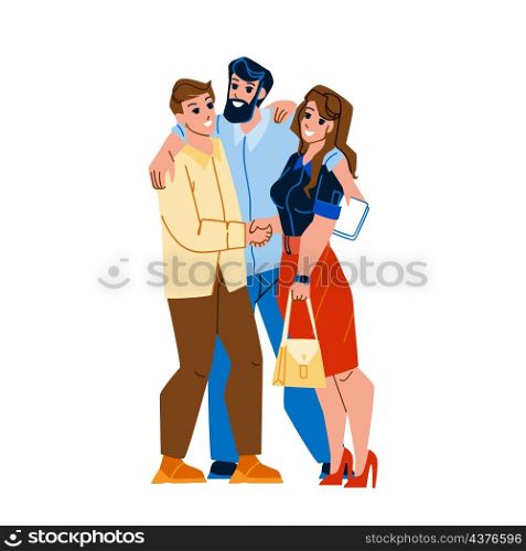 Partners Man And Girl Embracing Together Vector. Businessman And Businesswoman Partners Hugging After Deal Or Successful Achievement. Characters Employees Team Work Flat Cartoon Illustration. Partners Man And Girl Embracing Together Vector