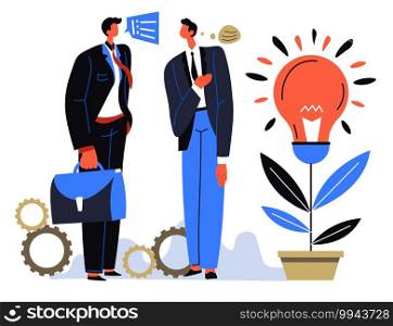Partners sharing thoughts and ideas on business development. Colleagues working on project together. Employee and boss working together. Personage wearing formal clothes. Vector in flat style. Business partners sharing ideas on development