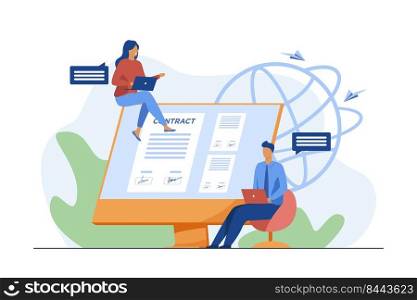Partners signing contract online. People talking at monitor with document with signatures flat vector illustration. Internet, global business concept for banner, website design or landing web page