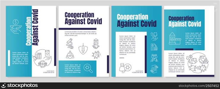 Partnership against covid blue brochure template. Global medicine. Leaflet design with linear icons. 4 vector layouts for presentation, annual reports. Anton, Lato-Regular fonts used. Partnership against covid blue brochure template
