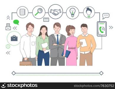 Partnership and collaboration, teamwork working on project, brainstorming and finding new solutions, man and woman with magnifying glass handshake. Vector illustration in flat cartoon style. Successful Teamwork and Icons, Business Partners
