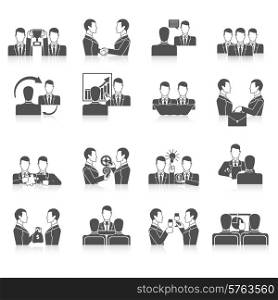Partnership black icons set with business people corporate teamwork isolated vector illustration. Partnership Icons Set