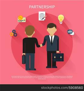 Partnership concept. Businessmen on business meeting. Two man do handshake in flat design. Businessmen on business meeting