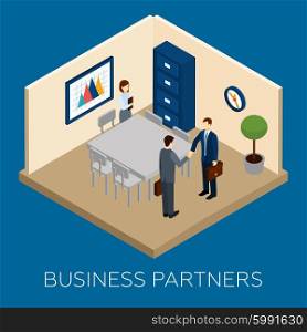 Partnership concept with isometric business people in conference room vector illustration. Partnership Concept Isometric