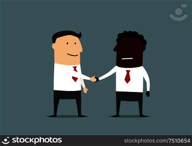 Partnership handshake of african american and caucasian businessmen, for business partnership or agreement concept. Handshake of businessmen from different countires