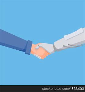 Partnership handshake of man and robot. Handshake on a blue background. The connection between the robot and the man.. Partnership handshake of man and robot.