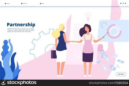 Partnership landing. Corporate plan partnership leader companies business agreement strategy startup cooperation vector concept. Illustration of cooperation business, meeting corporate leaders. Partnership landing. Corporate plan partnership leader companies business agreement strategy startup cooperation vector concept