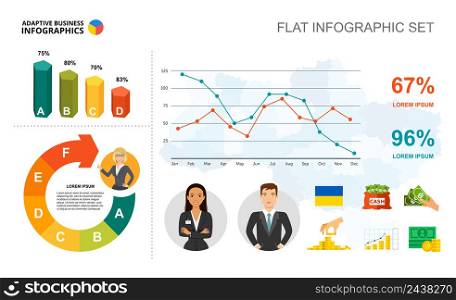 Partnership line and bar charts template for presentation. Vector illustration. Diagram, graph, infochart. Vision, idea, analysis, statistics or finance concept for infographic, report.