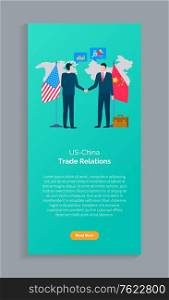 Partnership of USA and China, country representatives shaking hands, diplomatic meeting, commerce negotiations, trade relations, conference vector. Website or webpage template, landing page flat style. Trade Relations, US and China, Conference Vector