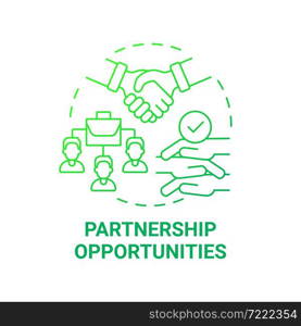 Partnership opportunities green gradient concept icon. Social entrepreneurship abstract idea thin line illustration. Companies collaboration and alliance. Vector isolated outline color drawing. Partnership opportunities green gradient concept icon