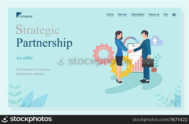Partnership strategic, offer investments in business, production and startup. Workers shaking hands, company union online, marketing innovation vector. Website or landing page template flat style. Company Partnership, Business Investment Vector