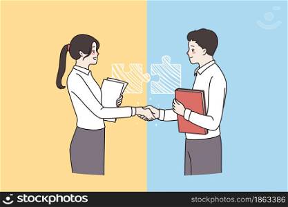 Partnership, team, like minded people, friendliness concept. Man and woman business colleagues partners standing with official documents shaking hands after deal vector illustration . Partnership, team, like minded people, friendliness concept