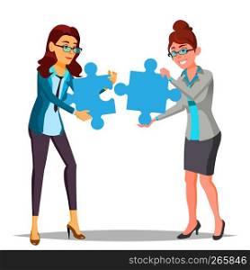 Partnership Vector. Two Business Woman Holding In Hands Large Puzzles And Put It Together. Illustration. Partnership Vector. Two Business Woman Holding In Hands Two Large Puzzles And Put It Together. Illustration