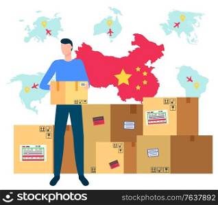 Partnership with asian country vector, man holding package, box with labels and tapes. Chinese borders and flag, worker with order, shipment and delivery of cargo for clients, international business. Partnership with China Parcels Delivery from Asia