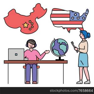Partnership with China, USA and chinese relation in trade. Man and woman working on market. Male in hotline wearing headset sitting by laptop talking to clients. Line art characters, vector in flat. Business Cooperation and Partnership with China