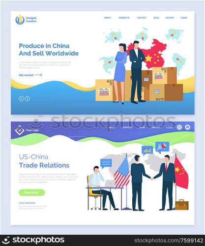 Partnership with China vector, trade relations with business clients and partners. People on meeting, workers with parcels delivering goods. USA and China market. Website or webpage, landing page flat. Produce in China and Sell Worldwide USA Partners