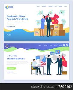 Partnership with China vector, trade relations with business clients and partners. People on meeting, workers with parcels delivering goods. USA and China market. Website or webpage, landing page flat. Produce in China and Sell Worldwide USA Partners