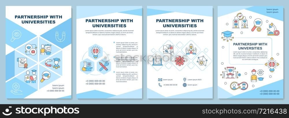 Partnership with universities brochure template. Career opportunity. Flyer, booklet, leaflet print, cover design with linear icons. Vector layouts for presentation, annual reports, advertisement pages. Partnership with universities brochure template